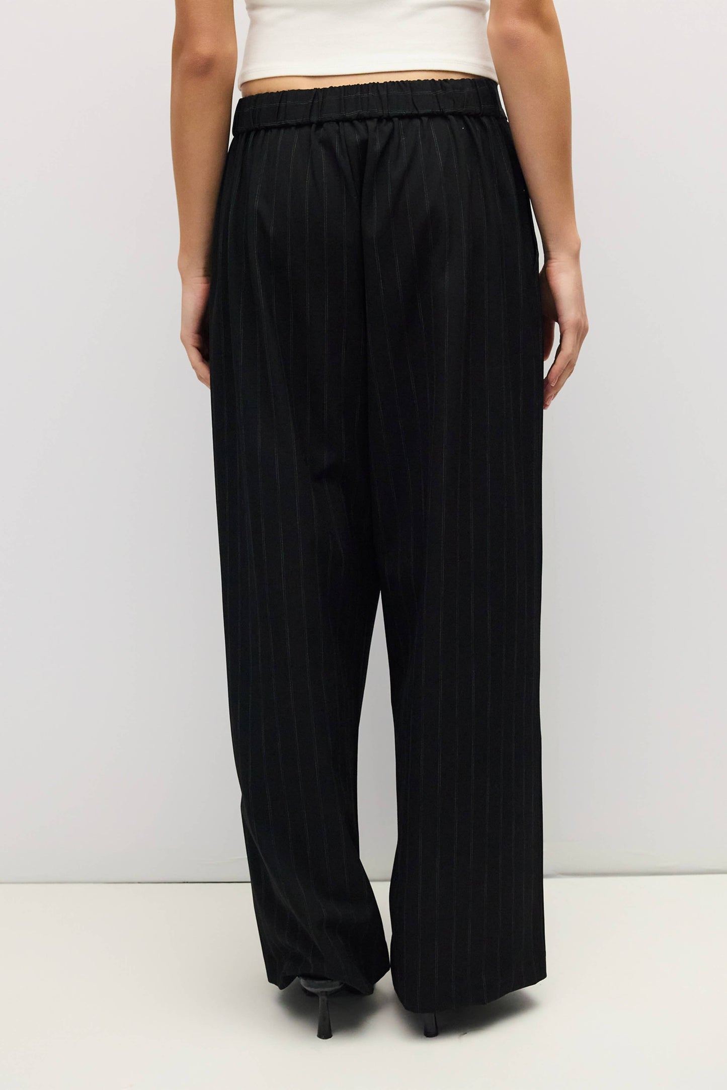 Black Pinstripe Pleated Wide Leg Pants