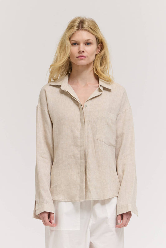 Open Collar Linen  Button-Up Shirt
