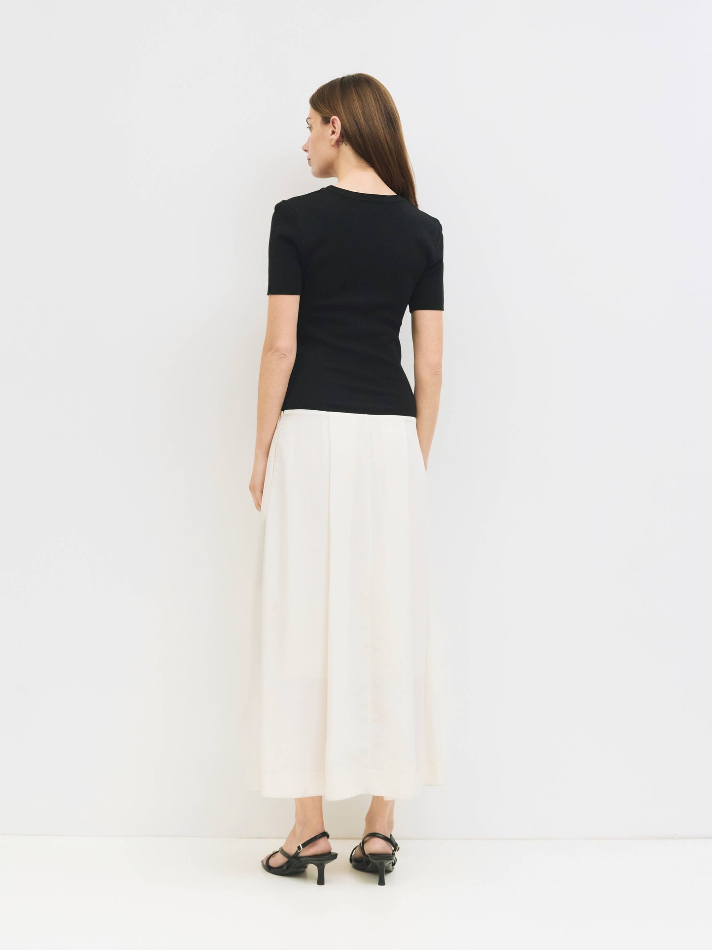 Black and Ivory Mixed Media Pleated Midi Dress
