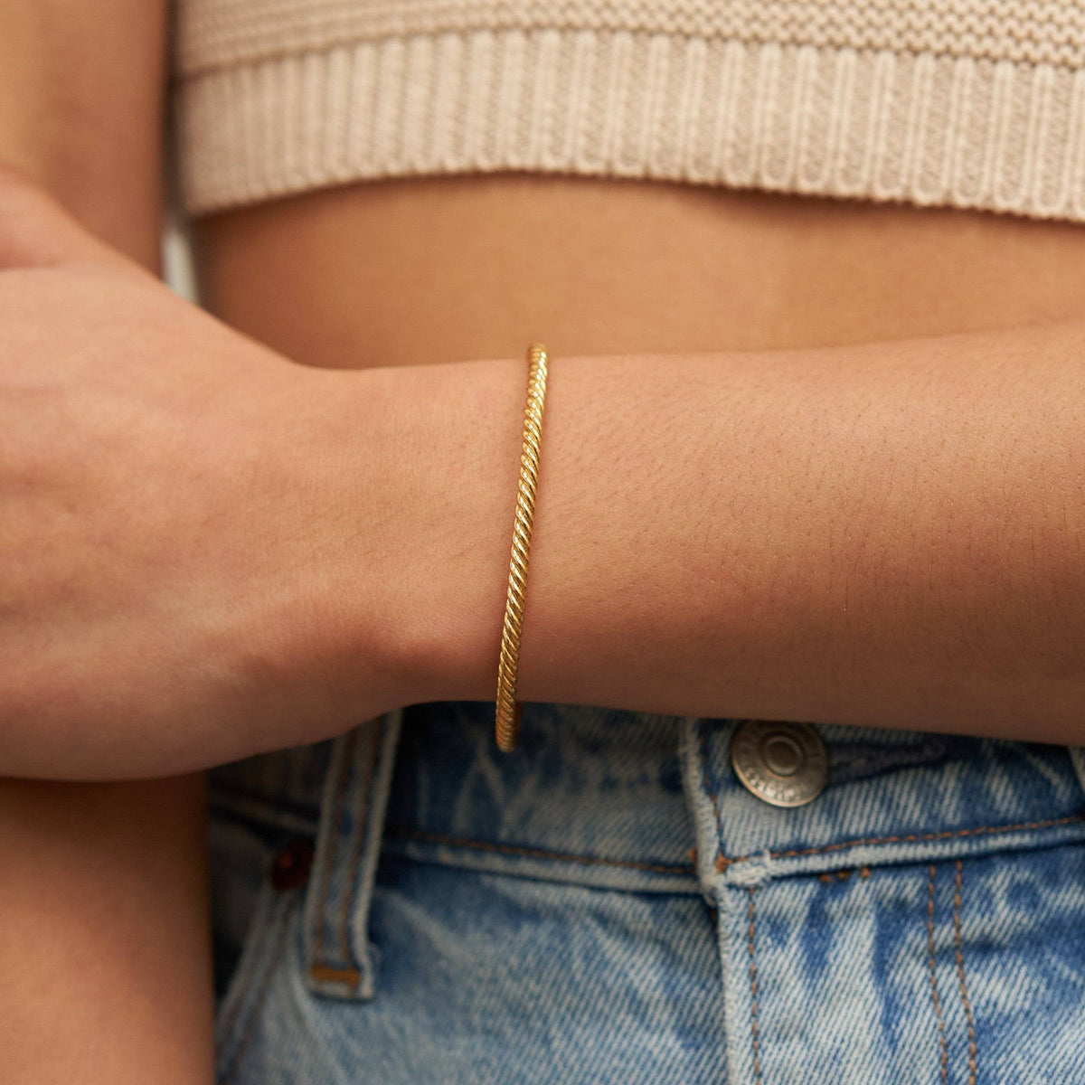 24K Gold Twisted Thin Cuff Bracelet