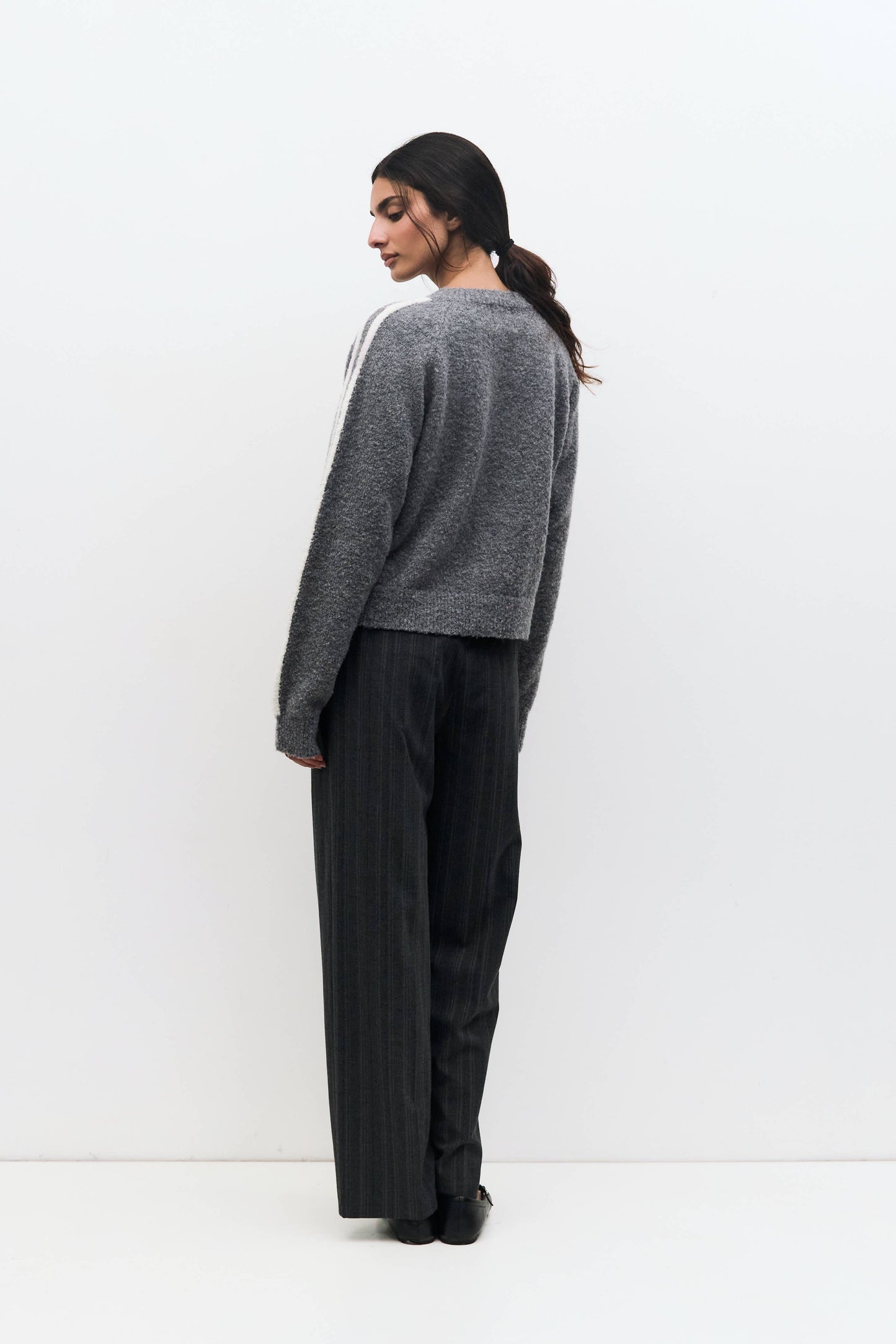 Knit Boucle Striped Sleeve Zip-Up Jacket