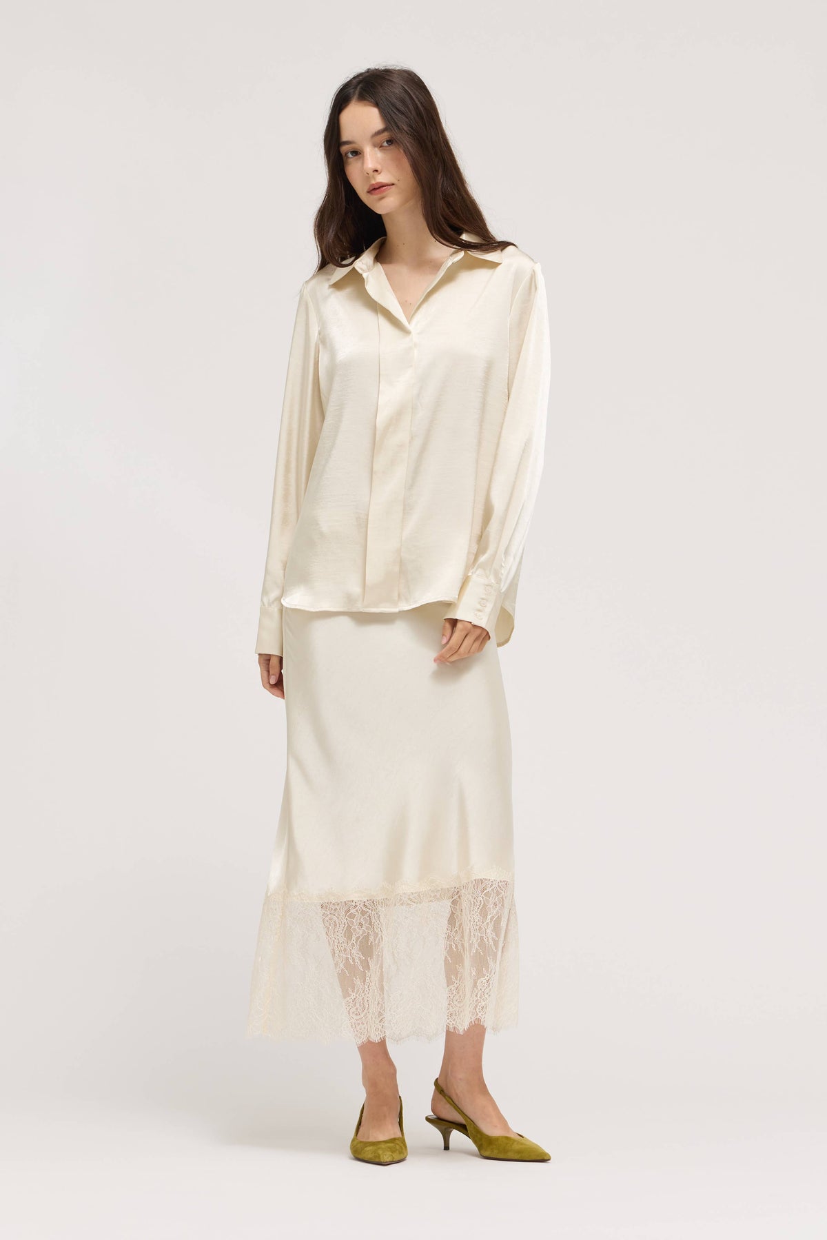Ivory Satin Button-Down Blouse