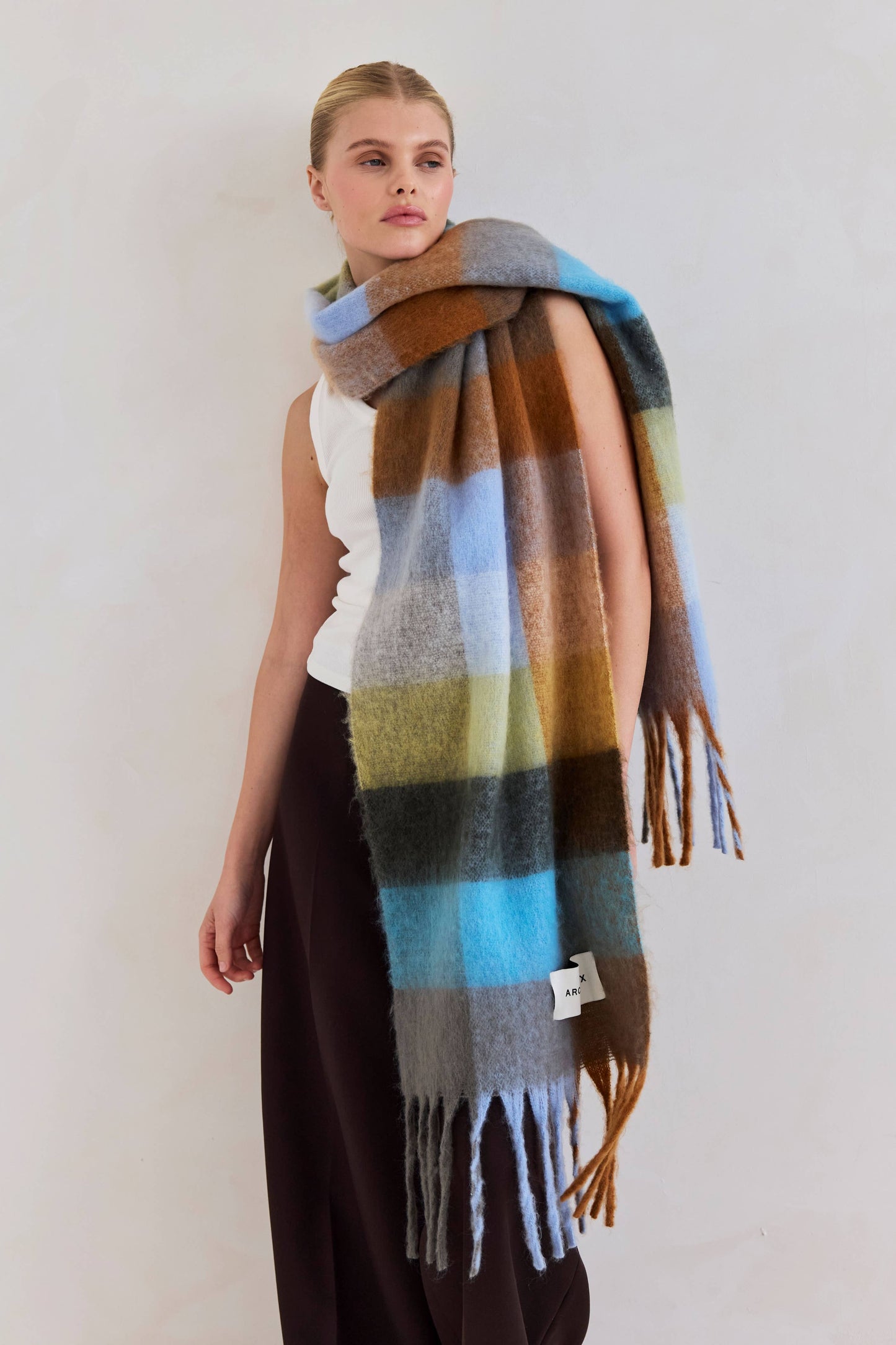 Blue Orange Brushed Plaid Oversized Scarf