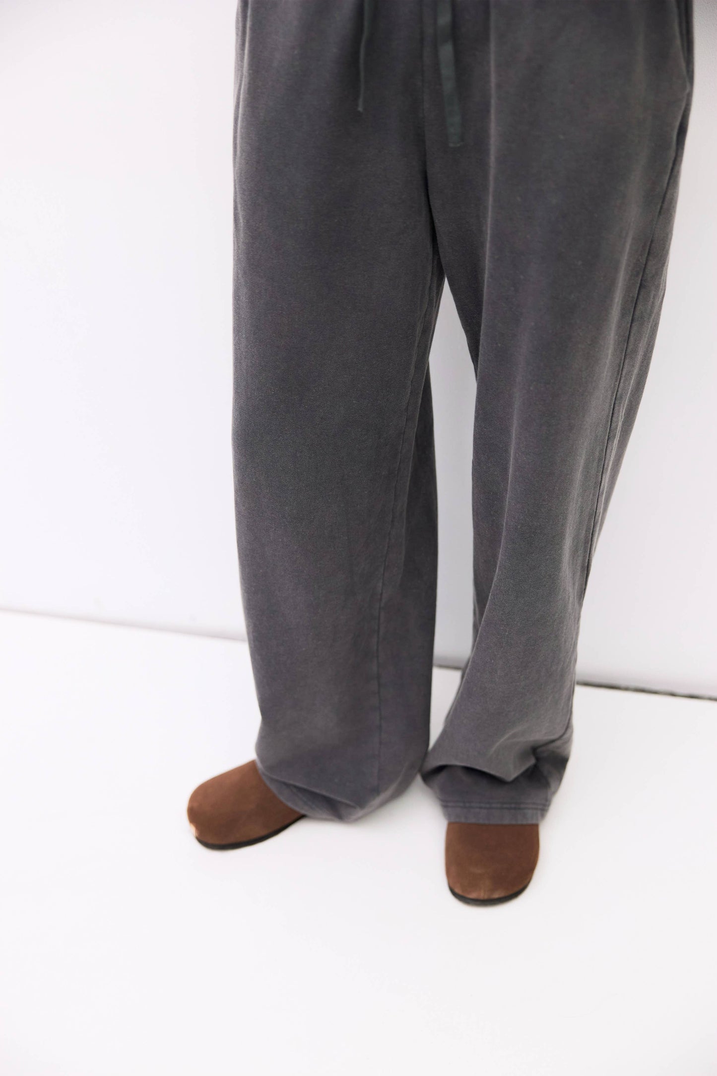 Charcoal Gray Wide Leg Tie Front Fleece Pants