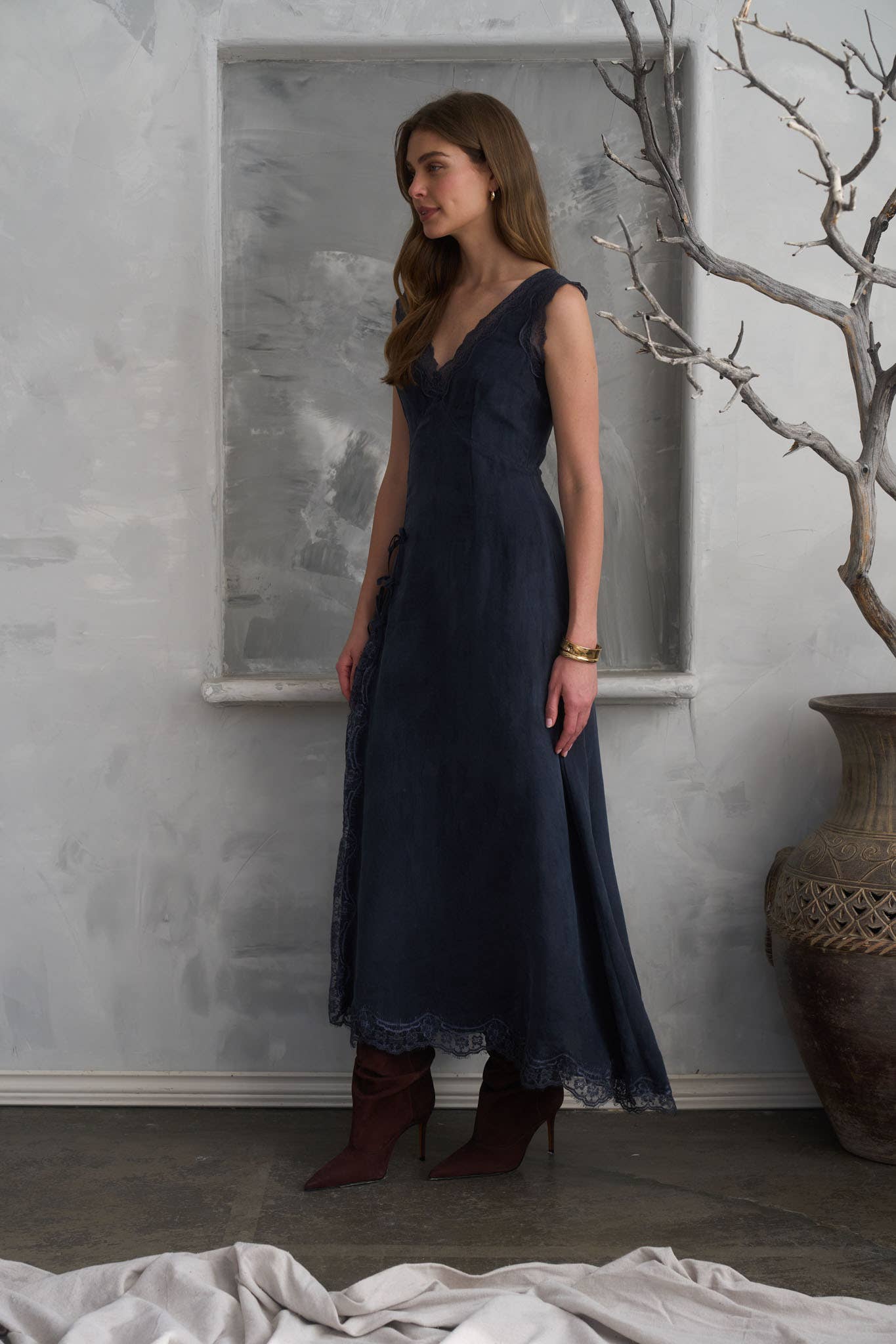 Blue V-Neck Lace Trim Midi Dress
