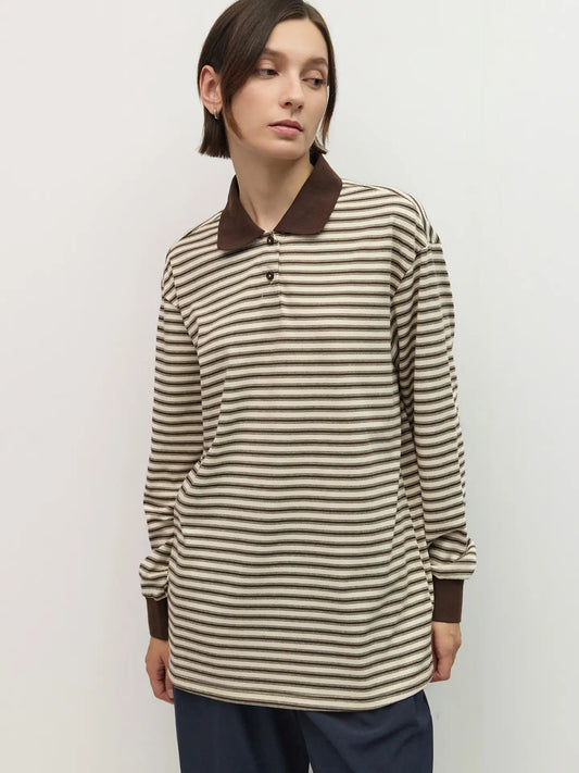 Brown Striped Oversized Long Sleeve Polo