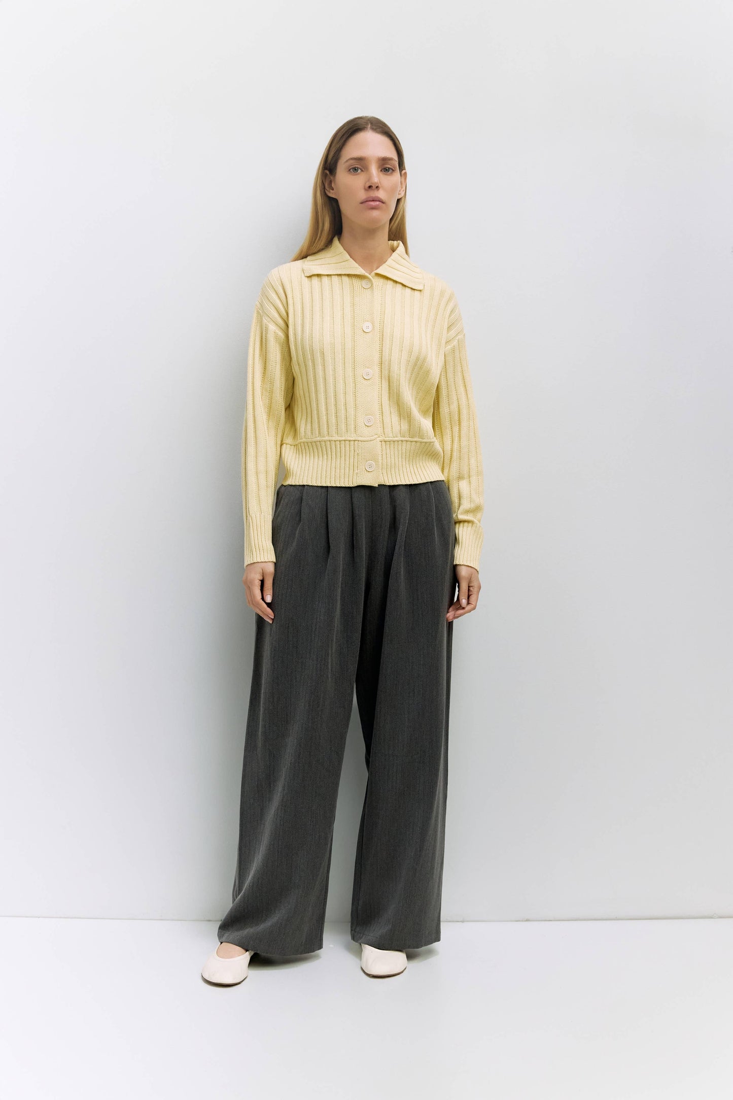 Yellow Ribbed Collared Cardigan