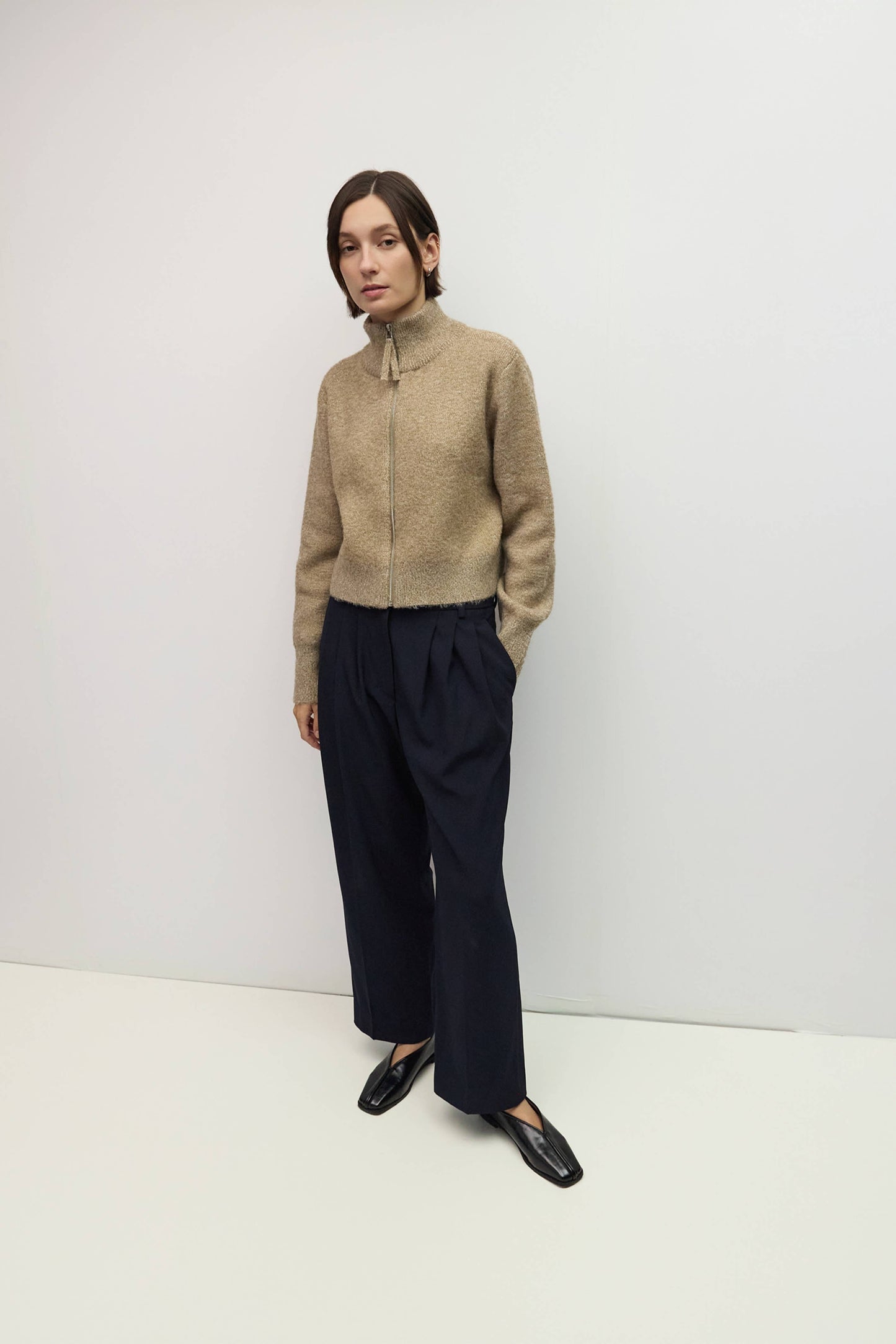 Boucle Turtleneck Khaki Zip Up Jacket