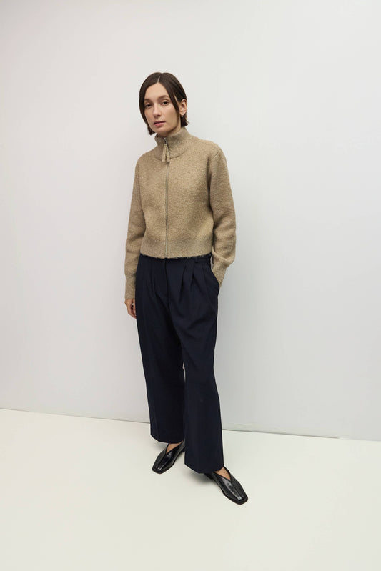 Khaki Boucle Turtleneck Zip Up Sweater