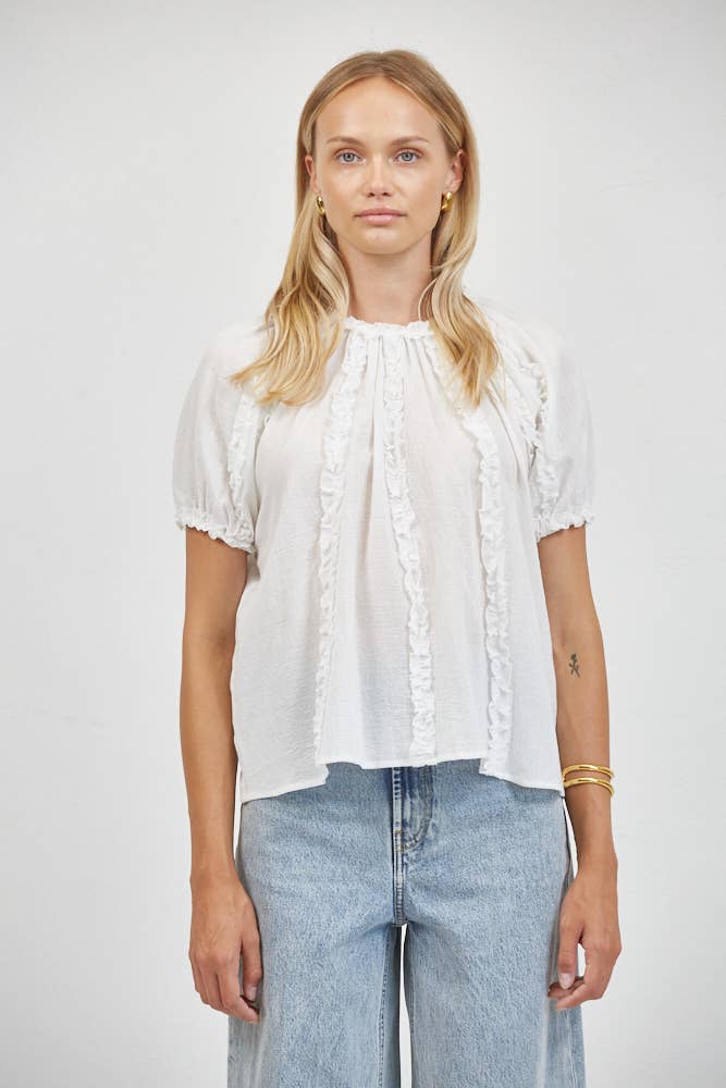White Woven Cotton Short Sleeve Ruffle Top
