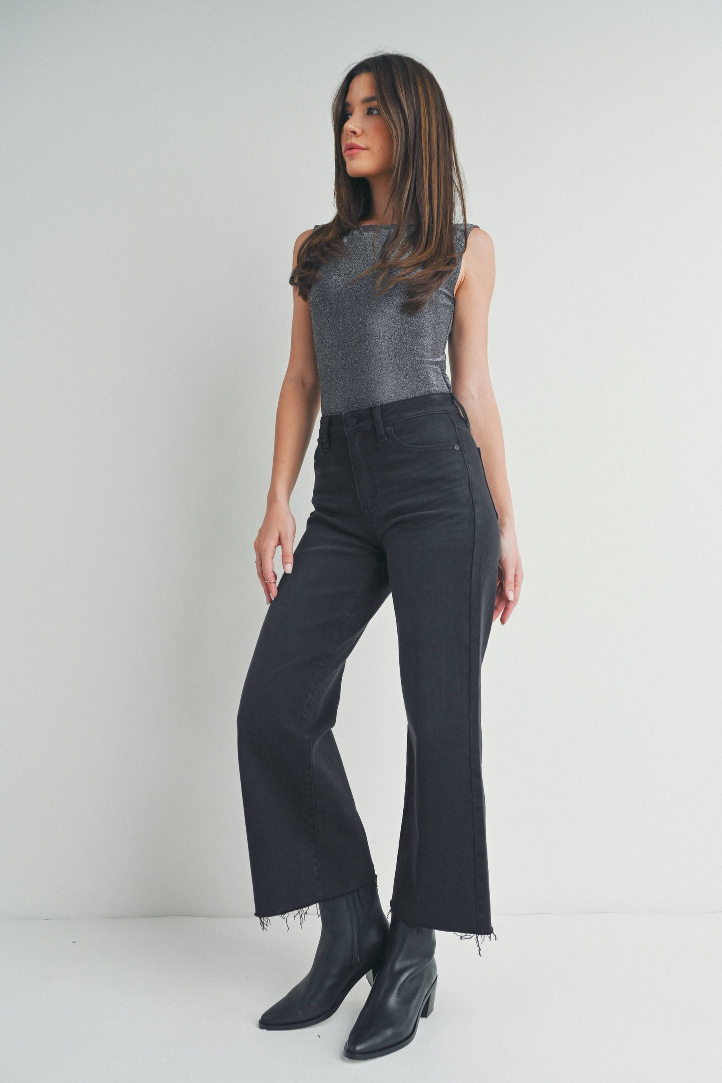 Washed Black Slim Wide Leg Ankle Jean