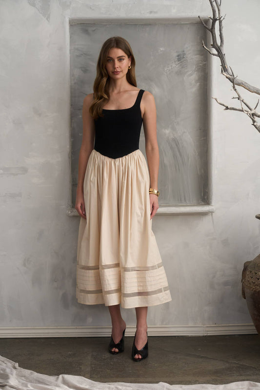 Basque Waist Mixed Media Midi Dress
