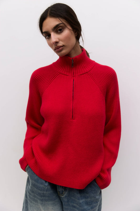 Red Half-Zip Ribbed Sweater