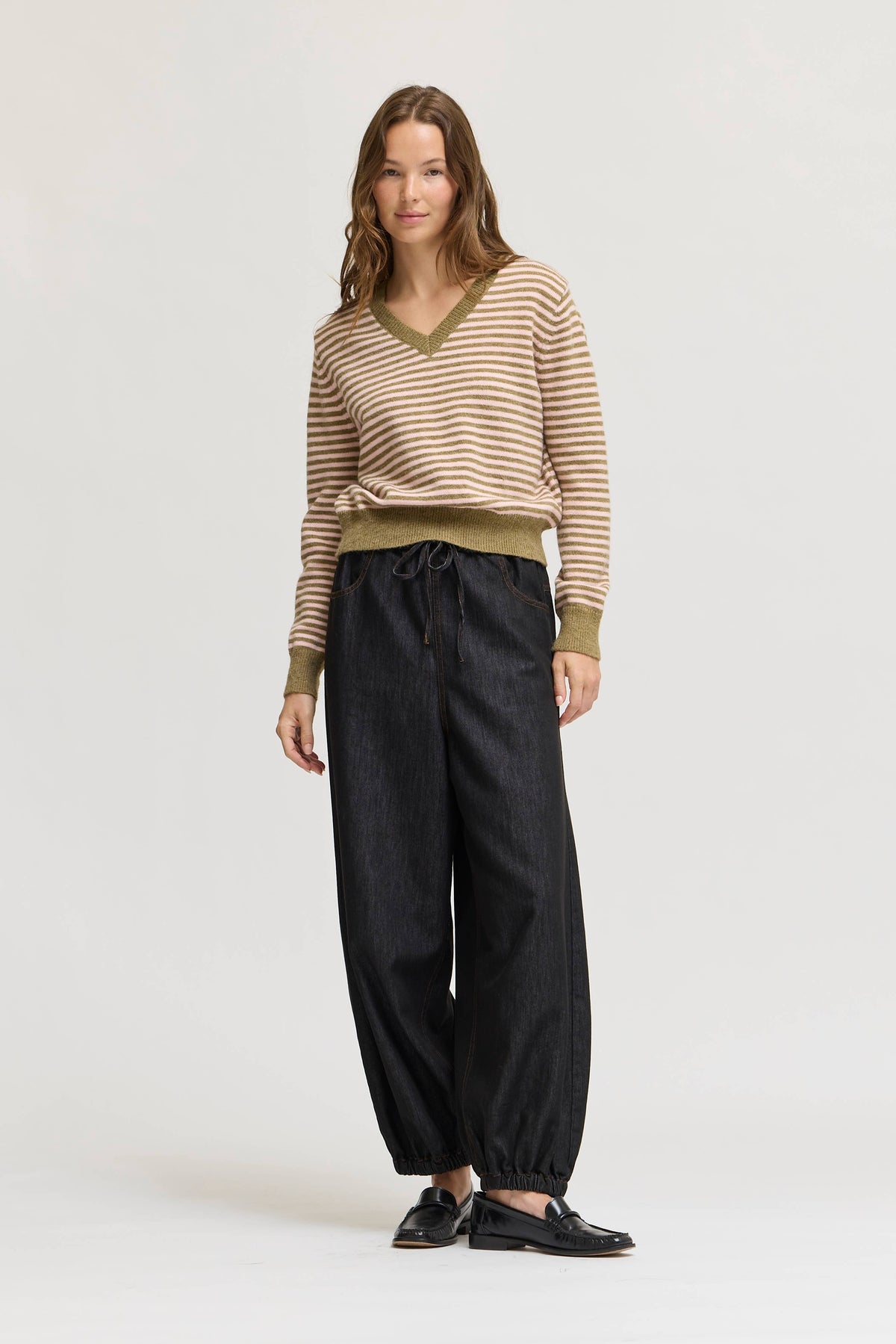 Sage Pink Striped V-Neck Pullover