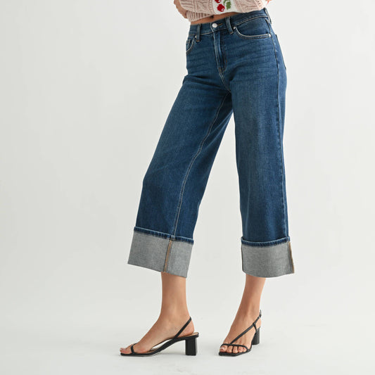 Dark Wash Slim Wide Cuffed Ankle Jean