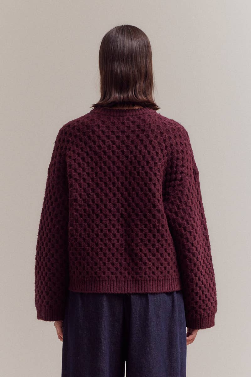 Plum Check Textured Knit Crewneck Sweater