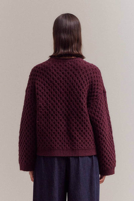 Plum Check Textured Knit Crewneck Sweater