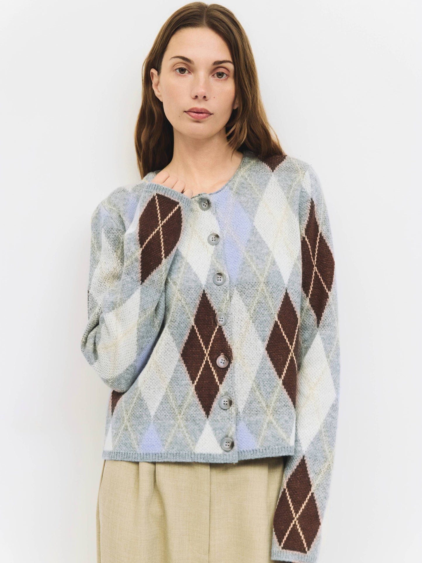 Grey Argyle Knit Cardigan Sweater