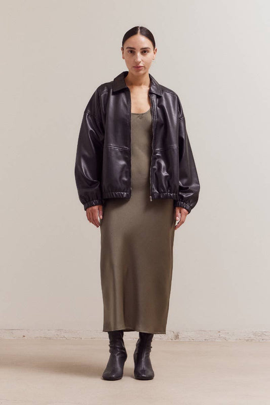 Black Vegan Leather Bomber Jacket