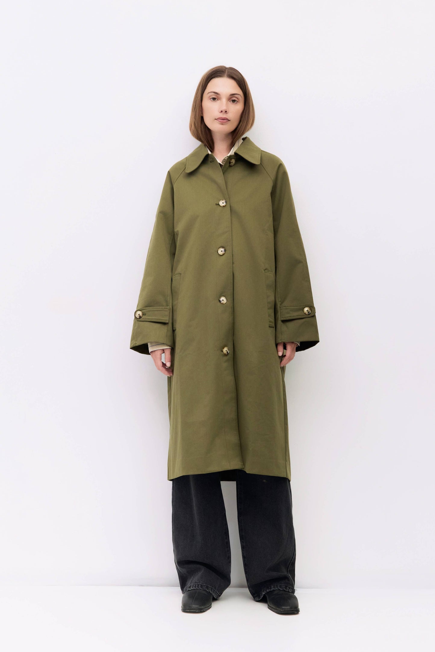 Olive Pointed Collar Trench Coat