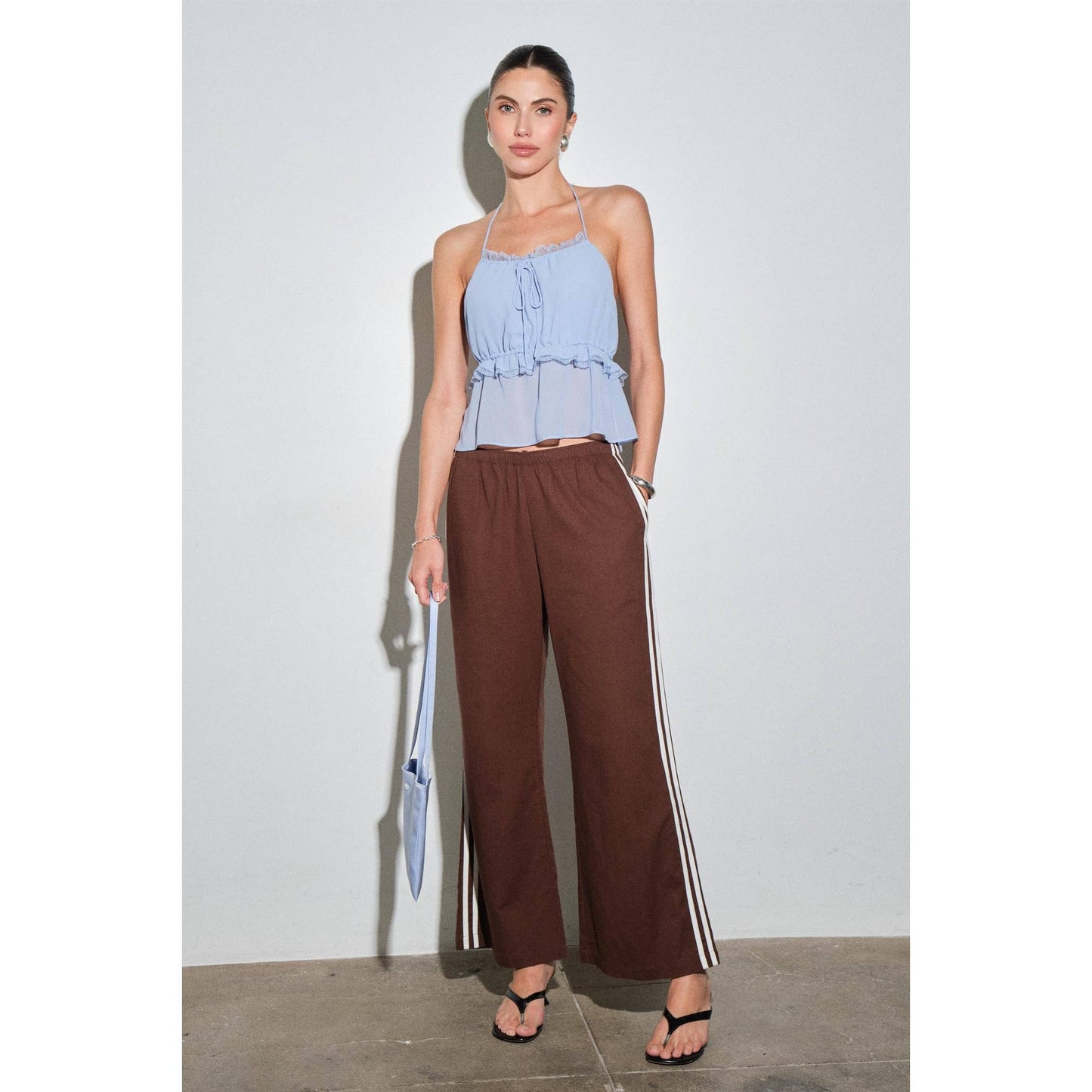 Light Blue Chiffon Lace Trim Halter Top