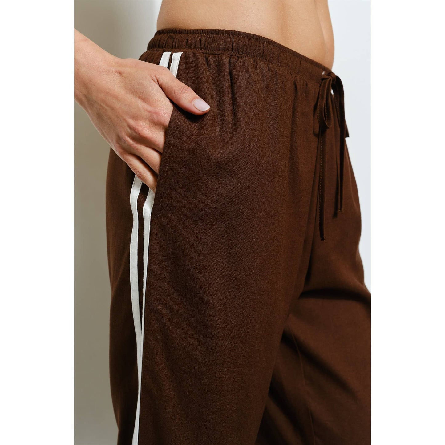 Brown Linen Stripe Track Pants