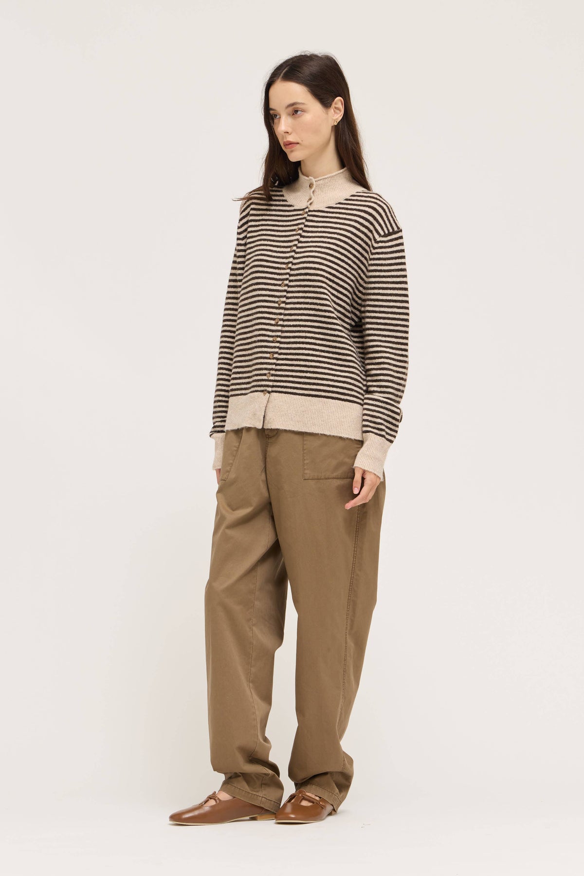 Brown Striped Mock Neck Button Cardigan