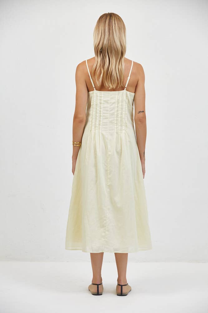 Yellow Linen Pin Tuck V-Neck Midi Dress