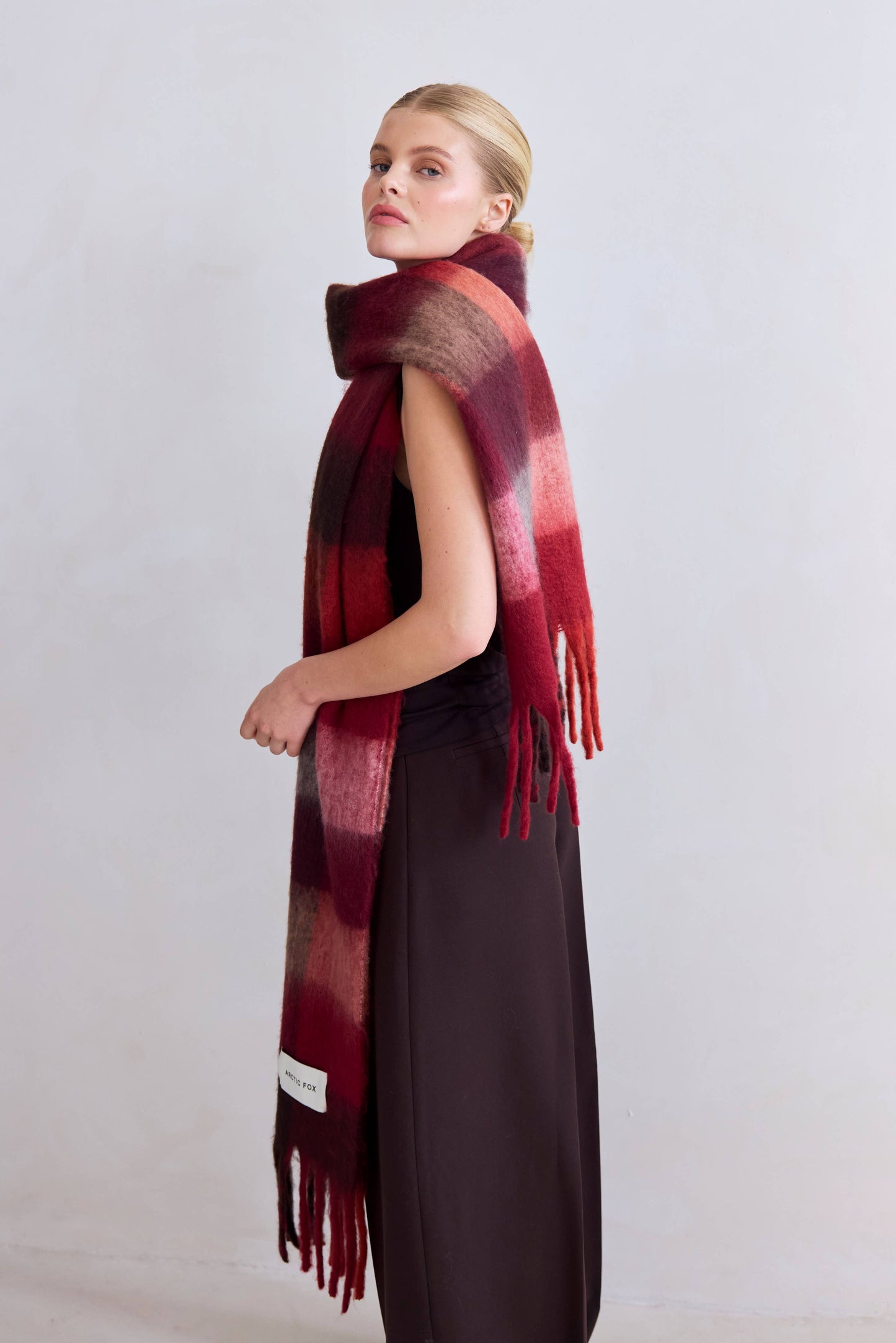 Burgundy Brushed Plaid Oversized Scarf