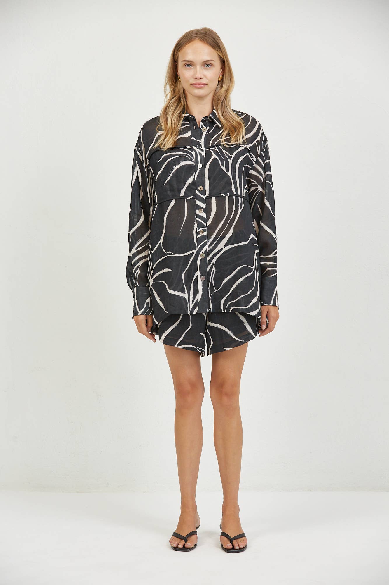 Black Cream Linen Print Button Down Top