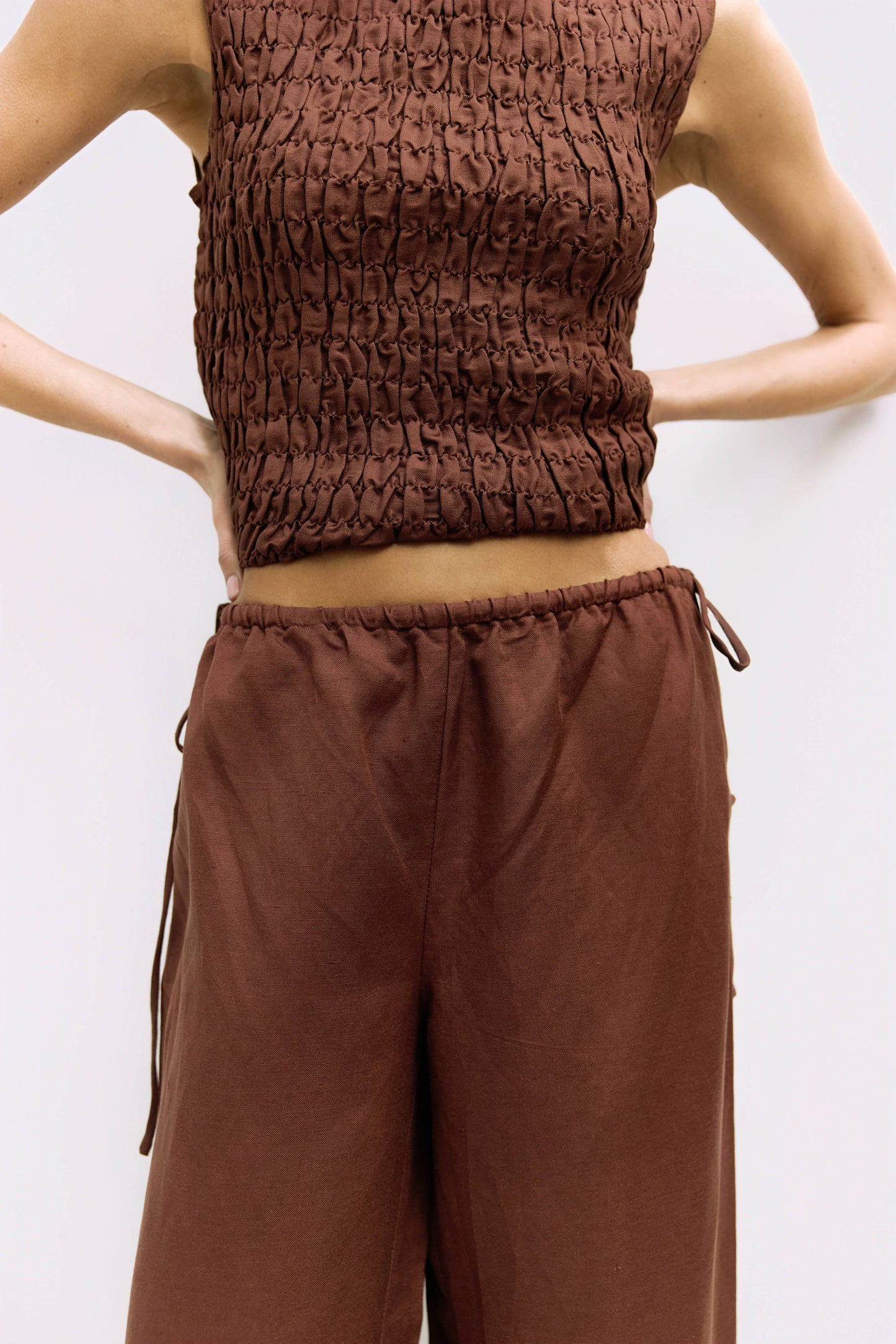 Brown Smocked Sleeveless Tie Back Top
