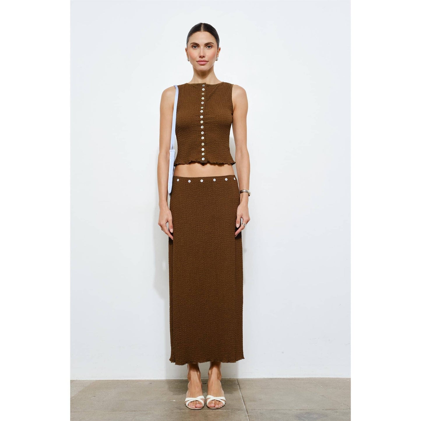Brown Crinkle Textured Button Detail Skirt