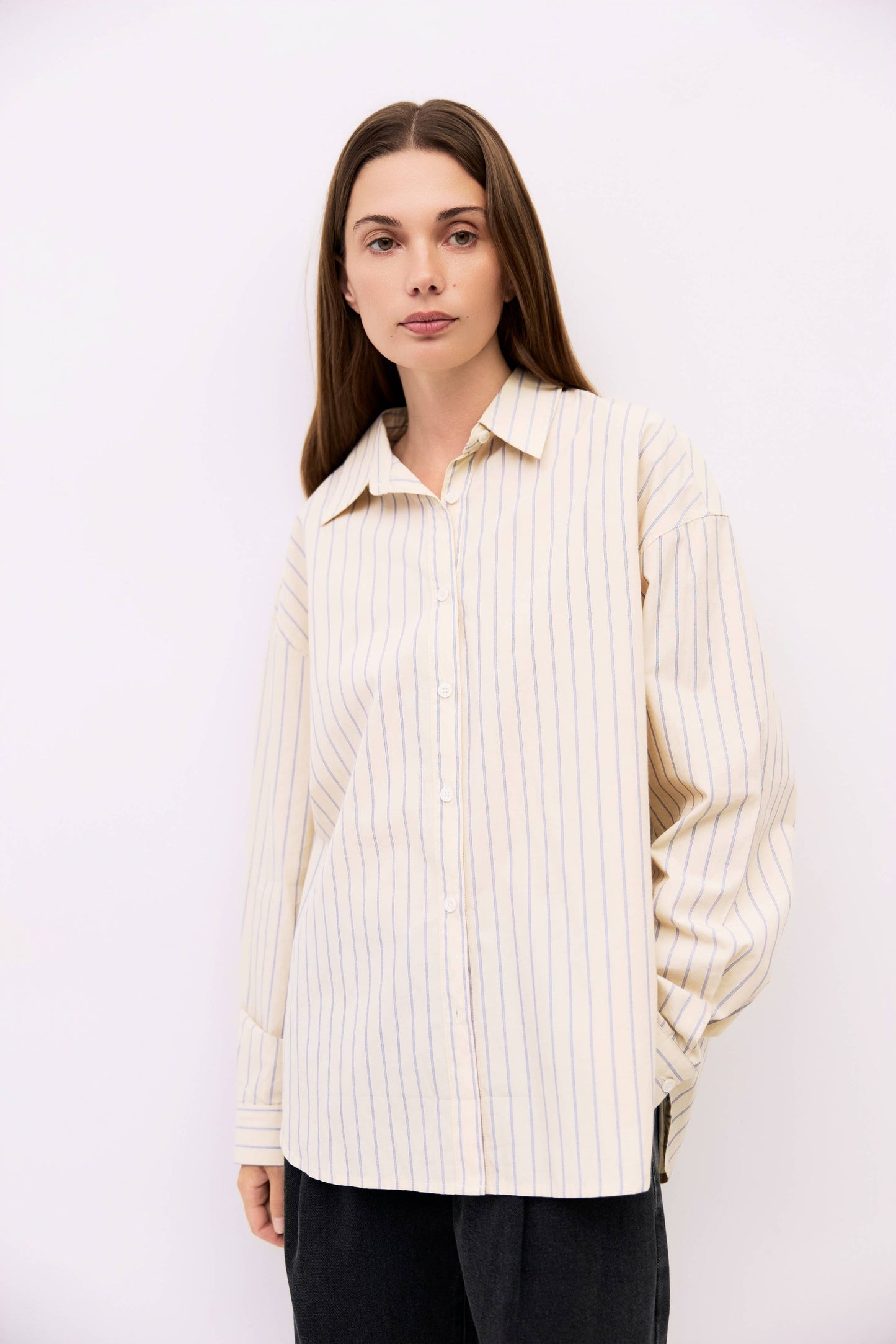 Cream Striped Cotton Button Up Shirt