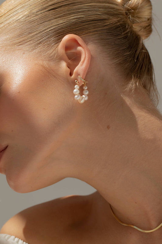 Gold Pearls Links Hooped Earrings