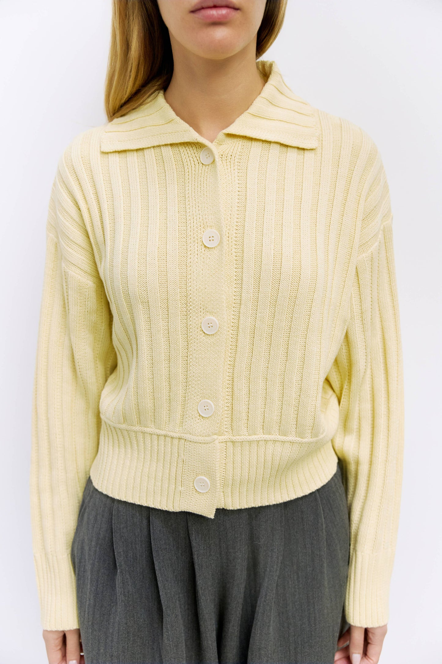 Yellow Ribbed Collared Cardigan