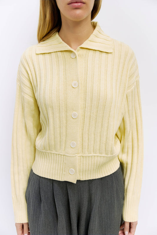 Yellow Ribbed Collared Cardigan