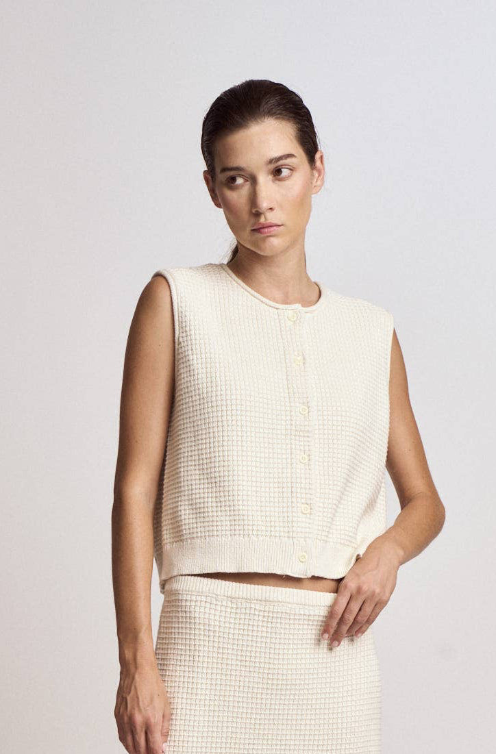 Cream Textured Cotton Knit Vest