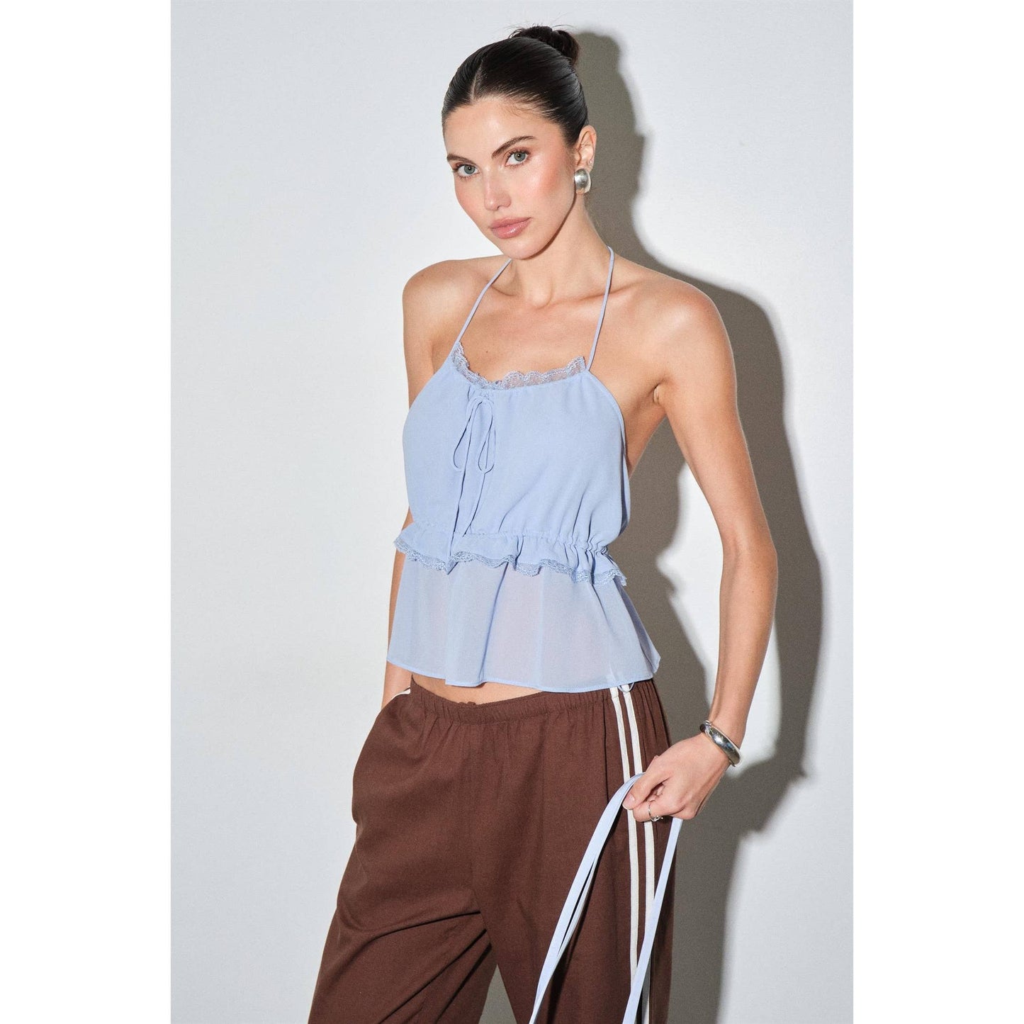 Light Blue Chiffon Lace Trim Halter Top