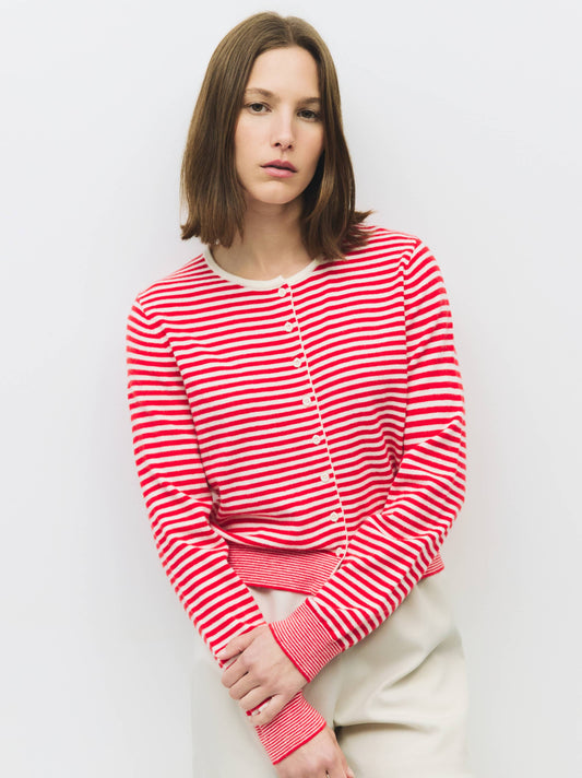 Striped Button Down Round Neck Cardigan