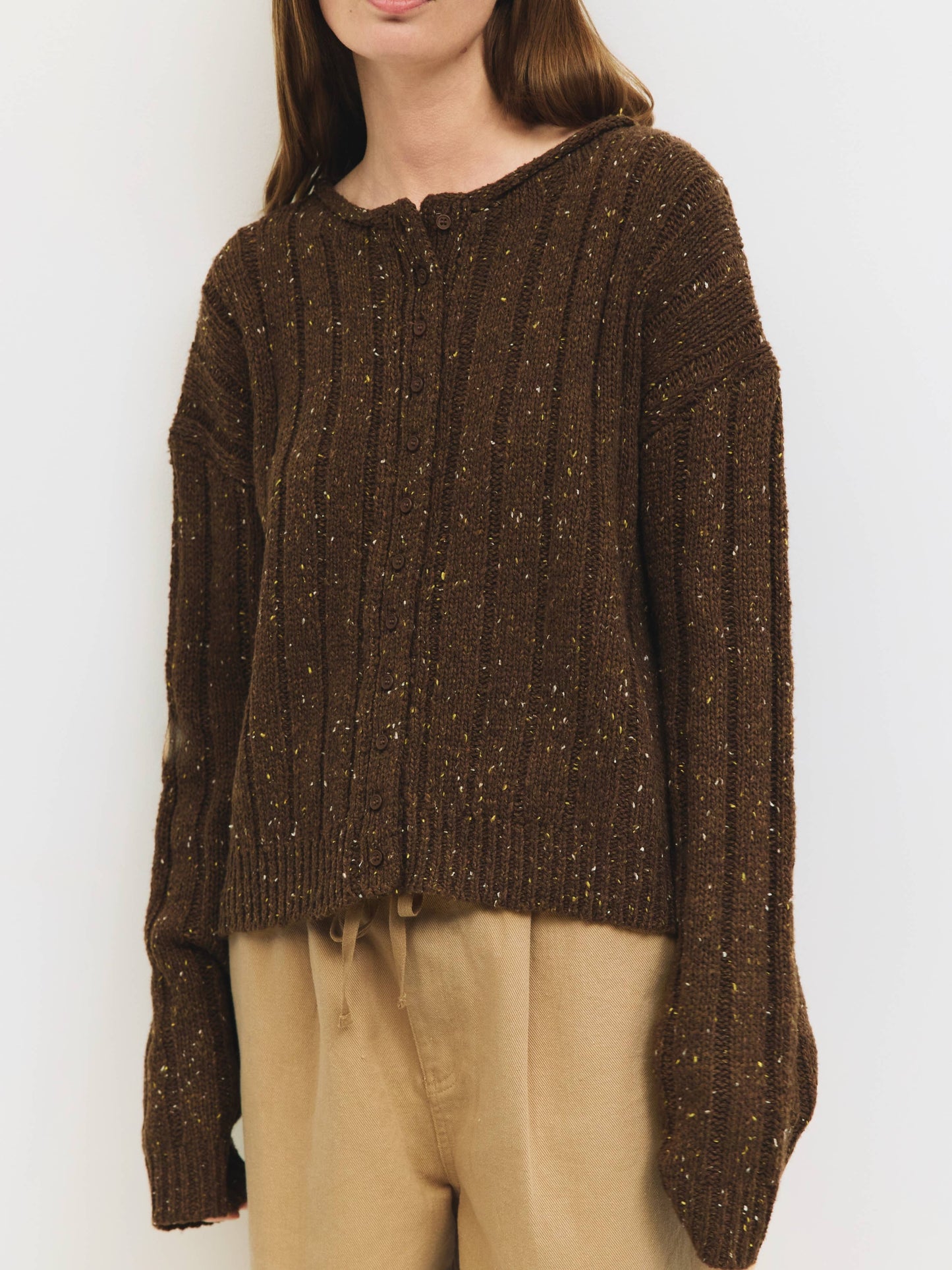 Brown Speckled Chunky Ribbed Cardigan