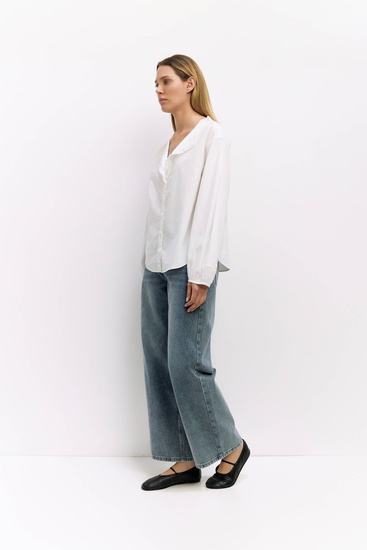 White Ruffle Button-Down Shirt