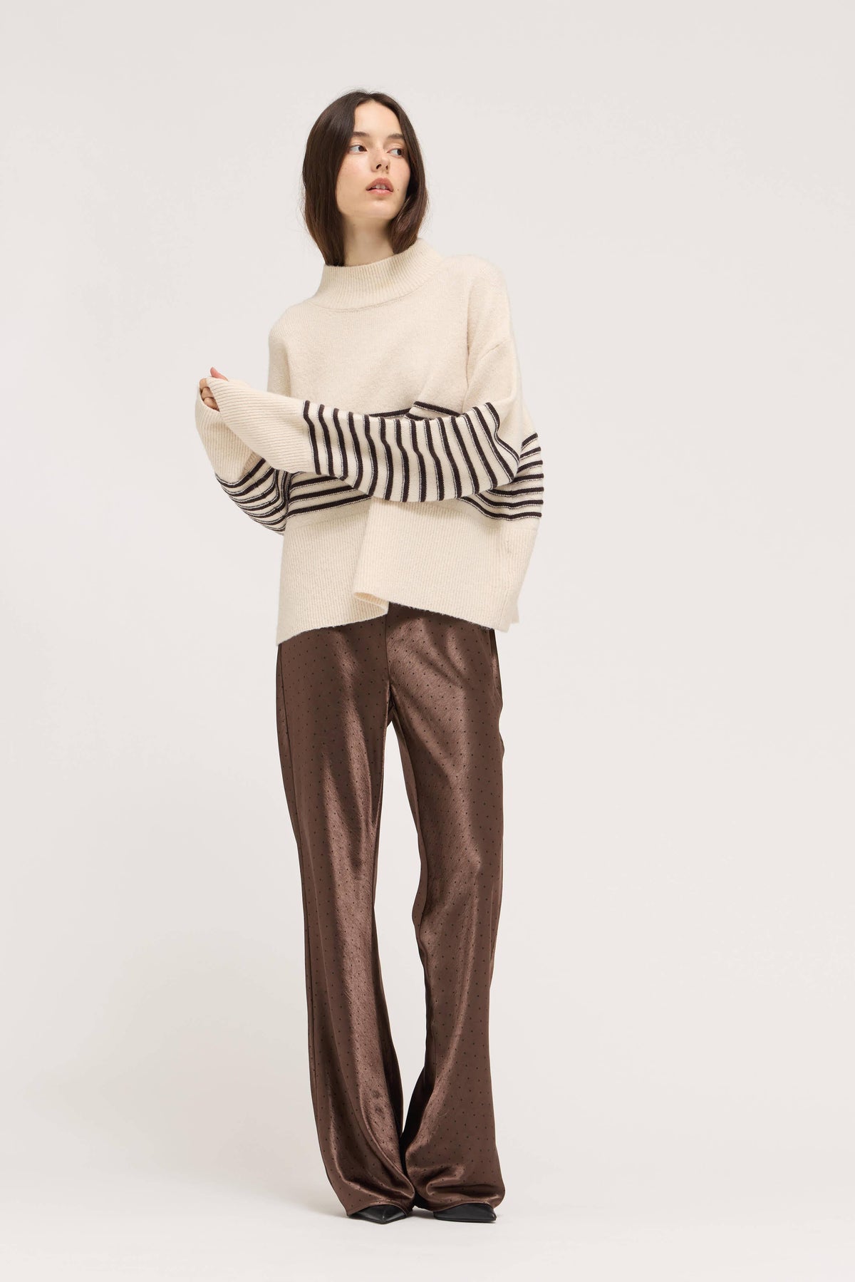 Cream Striped High Neck Sweater