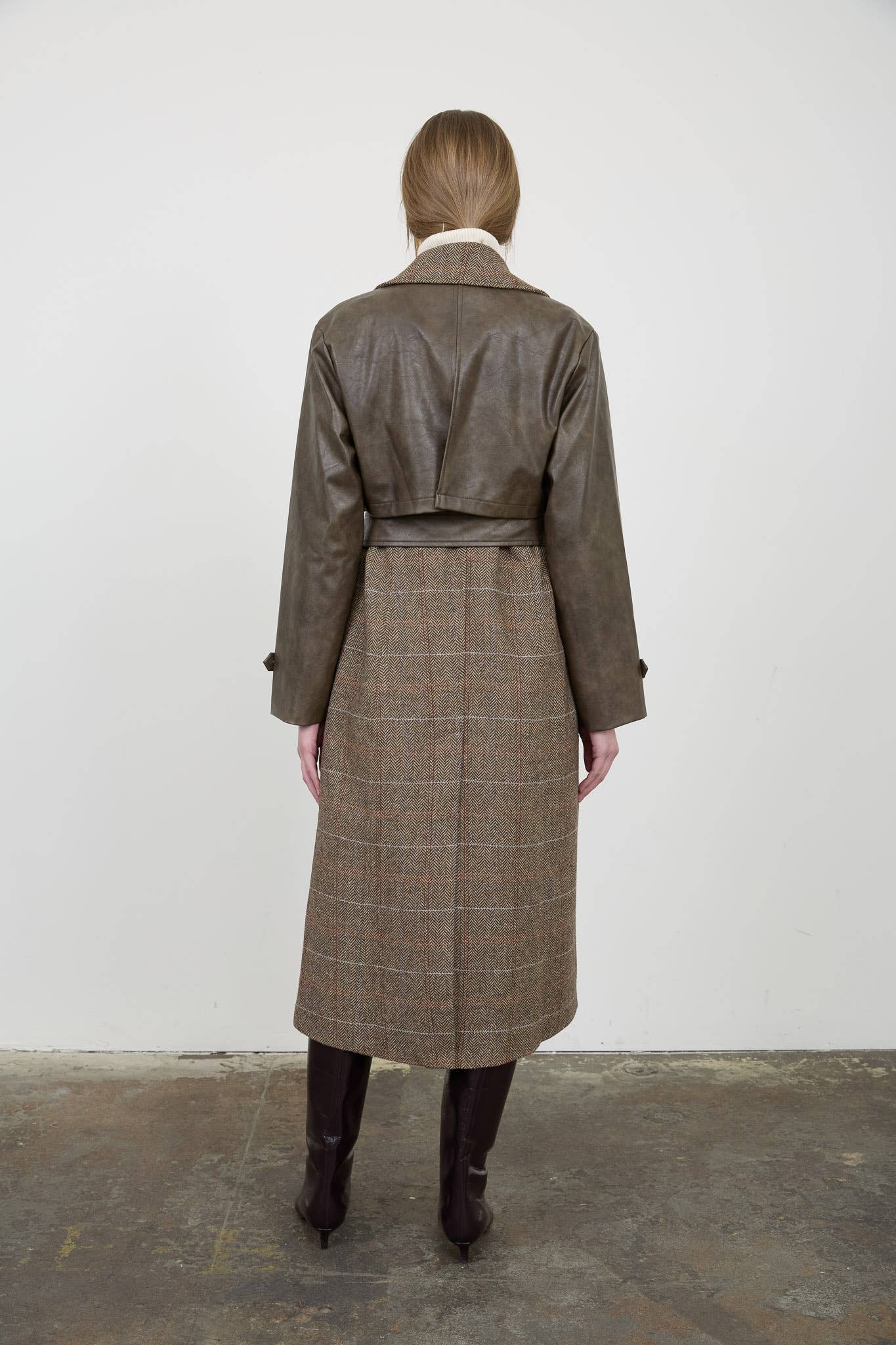 Faux Leather Plaid Maxi Trench Coat