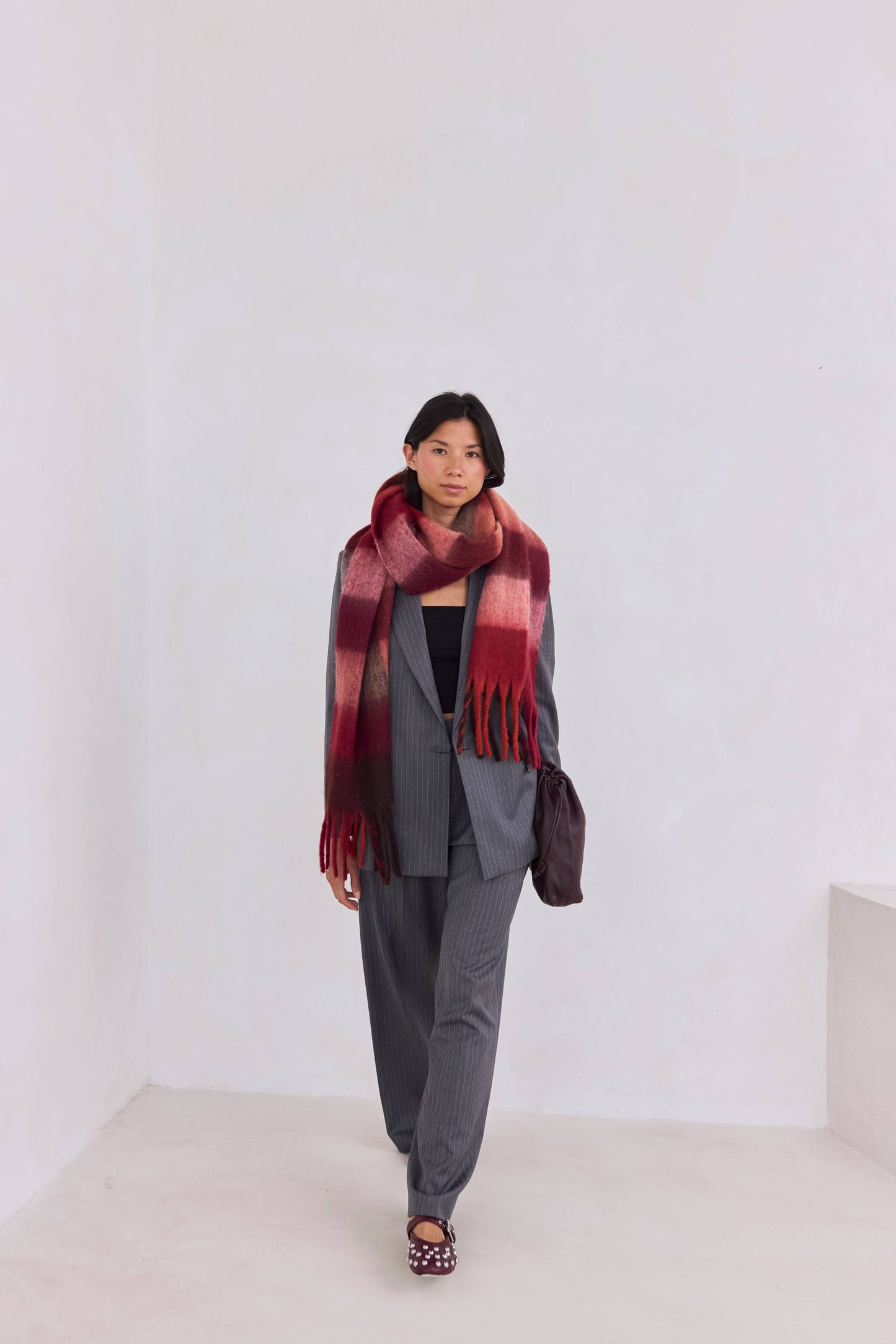 Burgundy Brushed Plaid Oversized Scarf