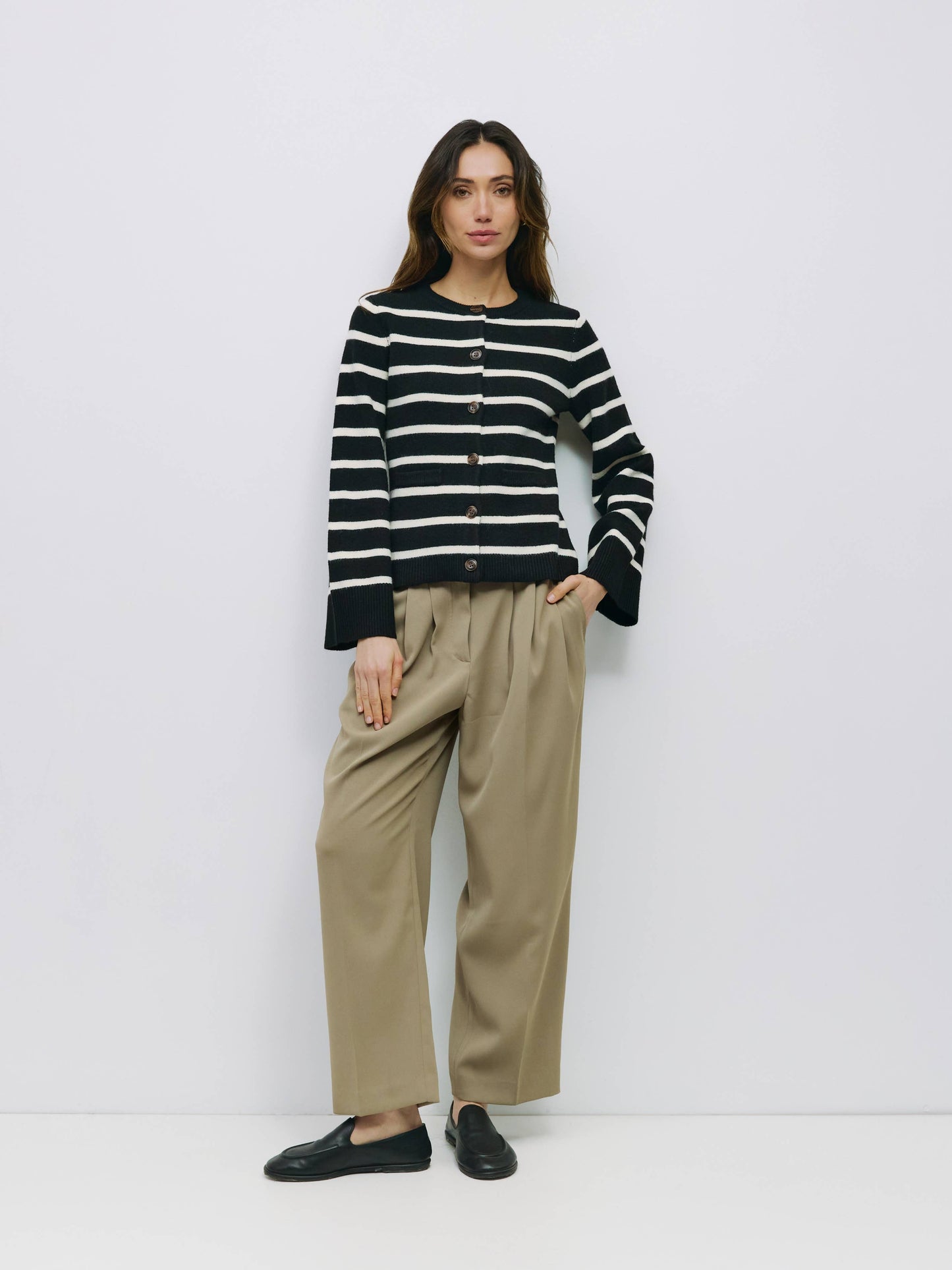 Black Striped Bell Sleeve Buttoned Cardigan