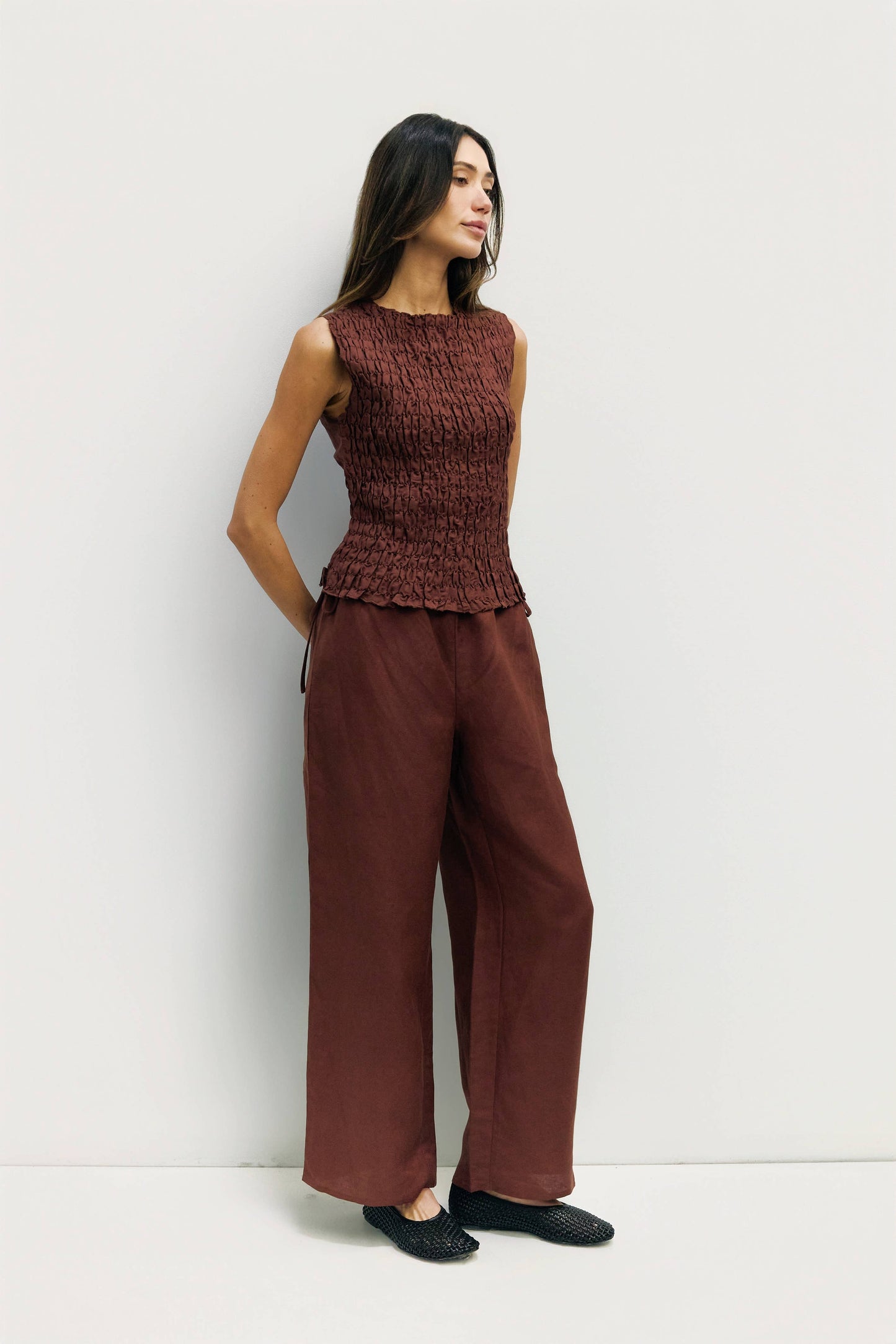 Brown Smocked Sleeveless Tie Back Top
