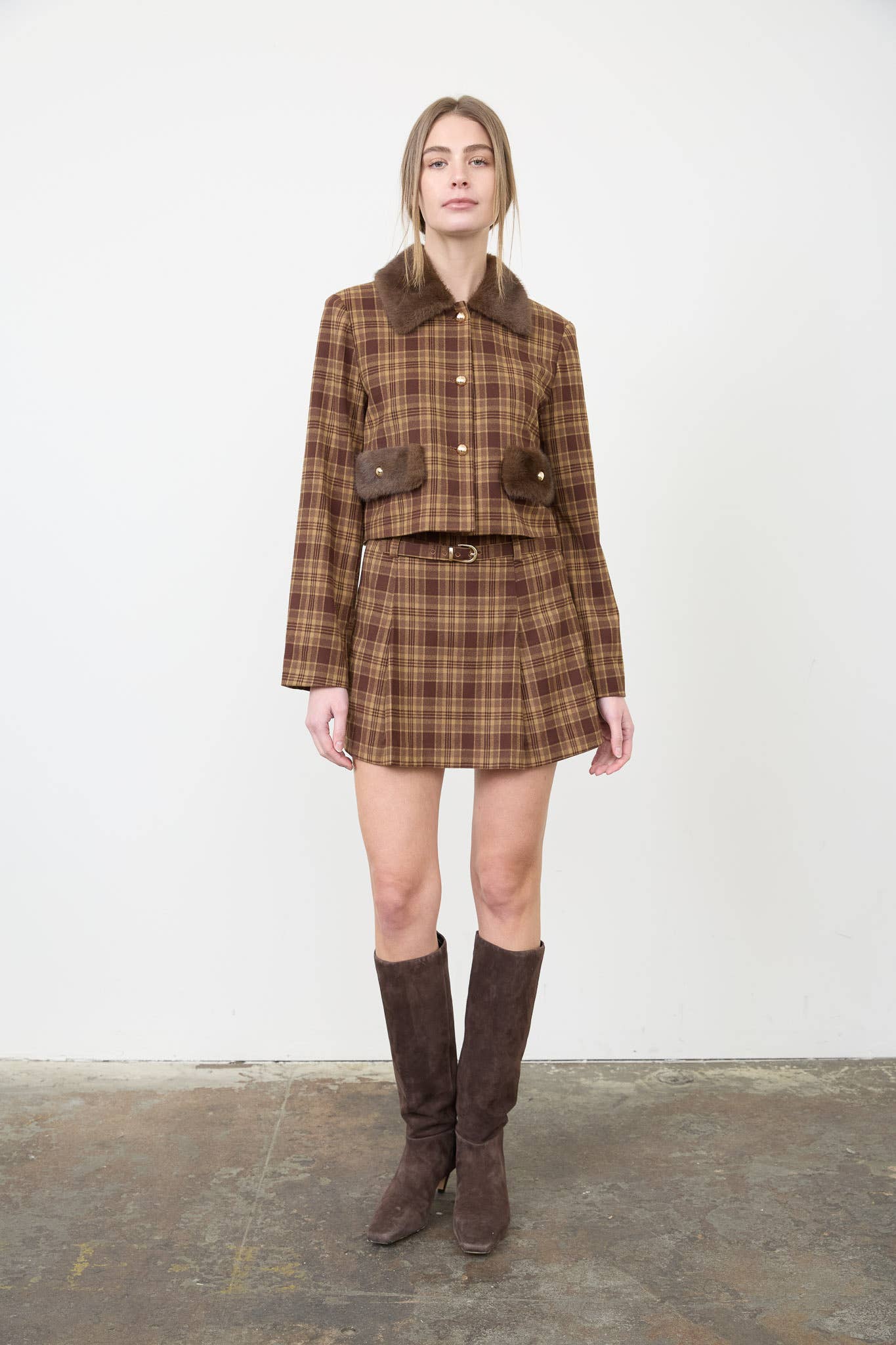 Brown Plaid Belted Mini Skirt