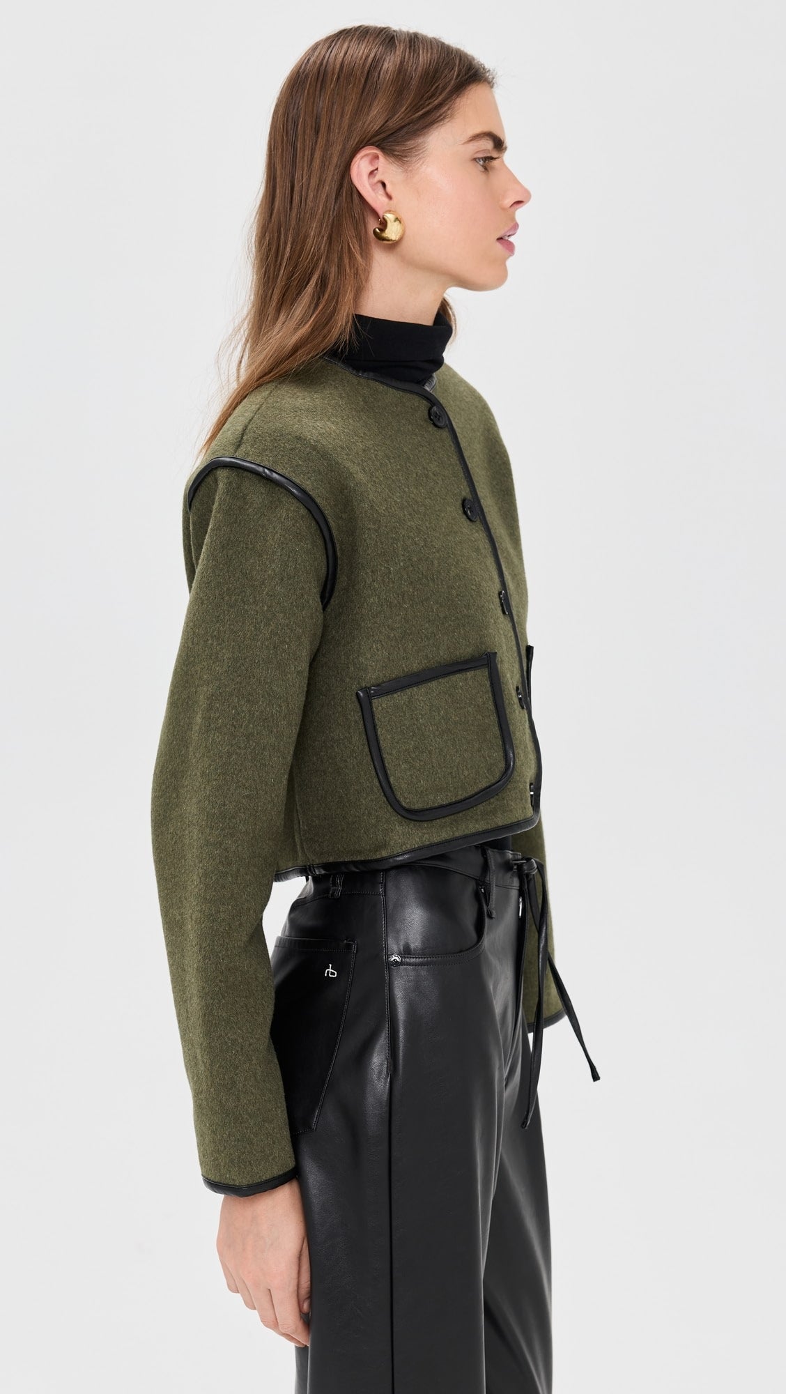 Olive Leather Trim Cropped Jacket + Matching Scarf