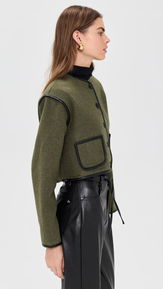 Olive Leather Trim Cropped Jacket + Matching Scarf