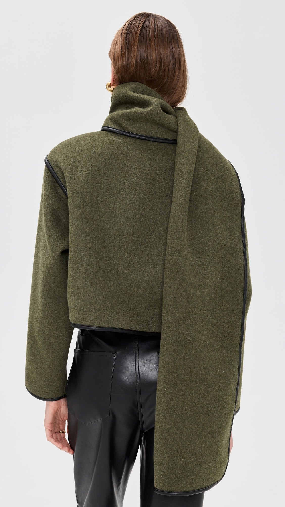 Olive Leather Trim Cropped Jacket + Matching Scarf